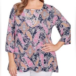 Ruby Rd. Pink Blue Paisley Embellished Top w/ Elbow Length Sleeves - Sz M - EUC